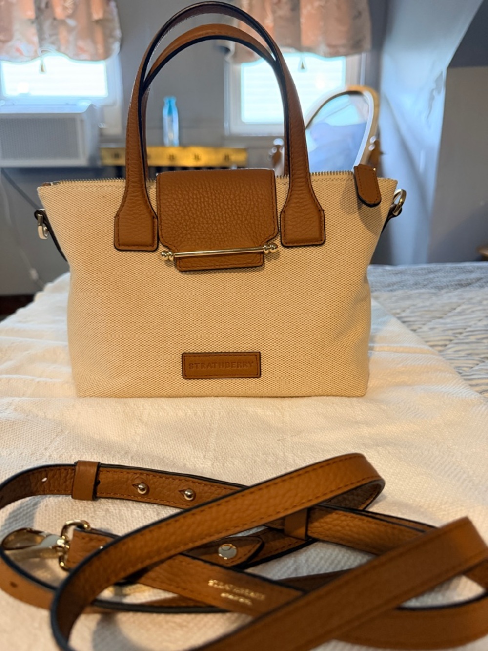Strathberry Ecru / Tan Canvas Mini Travel Bag with Tan Leather Trim